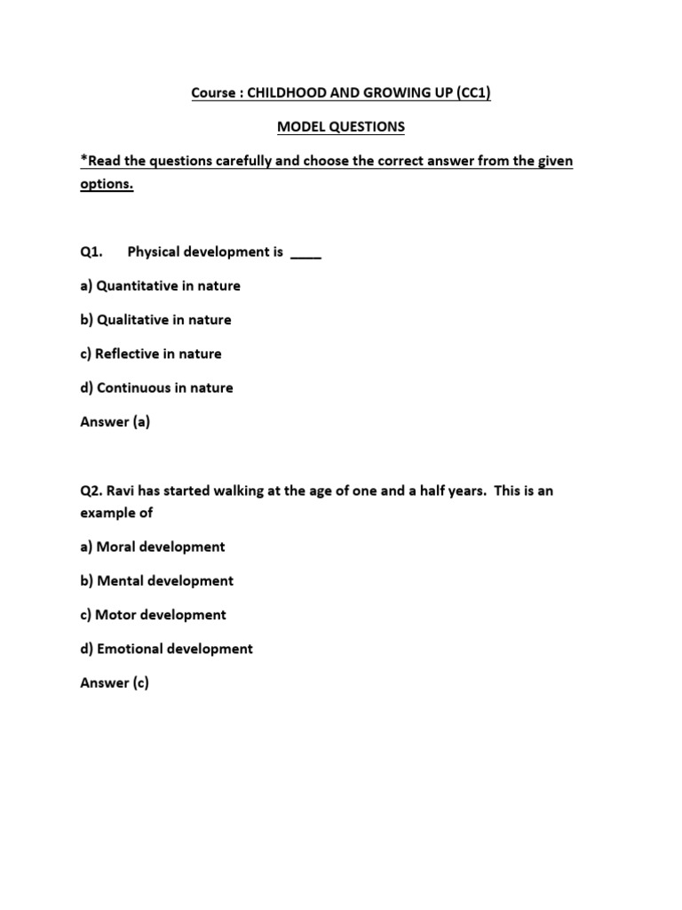 Childhood Development Model Questions | PDF | Schema (Psychology ...