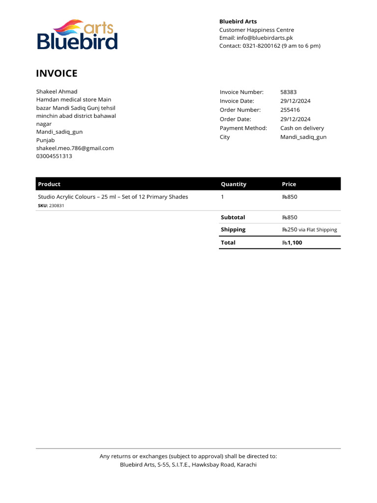 Invoice for Bluebird Arts Order 255416 | PDF