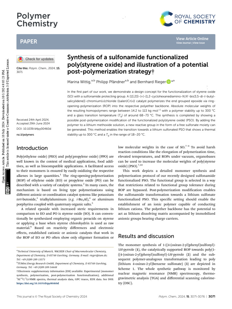 Synthesis of A Sulfonamide Functionalized Poly (Styrene Oxide) and ...