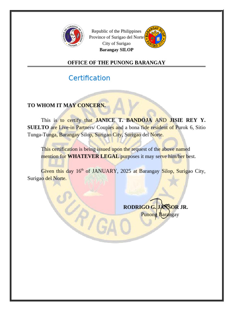 Barangay Silop Residency Certification | PDF