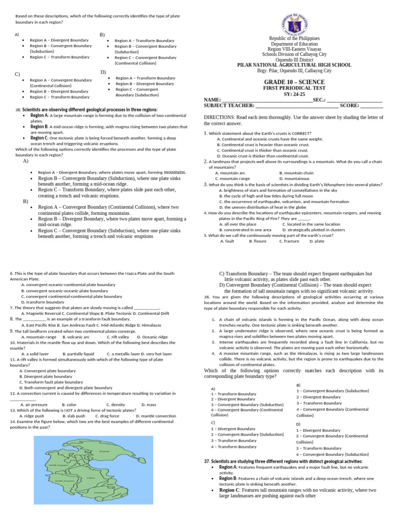 Grade 10 Science Periodical Test | PDF | Plate Tectonics | Volcano