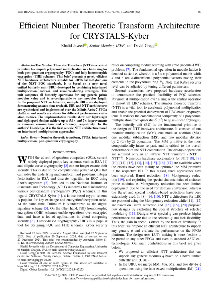 Efficient Number Theoretic Transform Architecture For CRYSTALS-Kyber ...