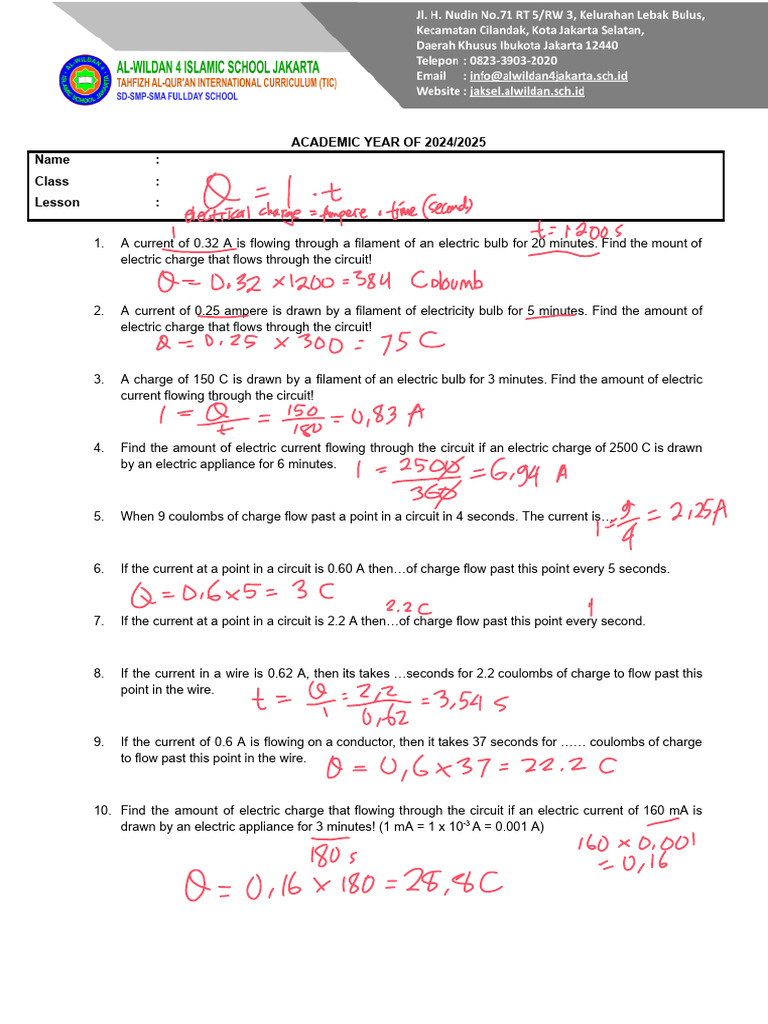 Electric Current Calculation Worksheet | PDF
