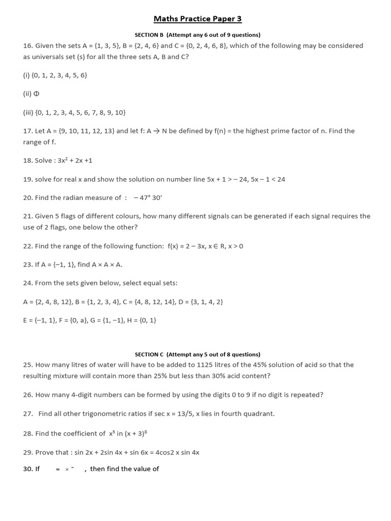 11 Sci. (E.M) Maths First Exam Practice Paper-3 PDF | PDF ...