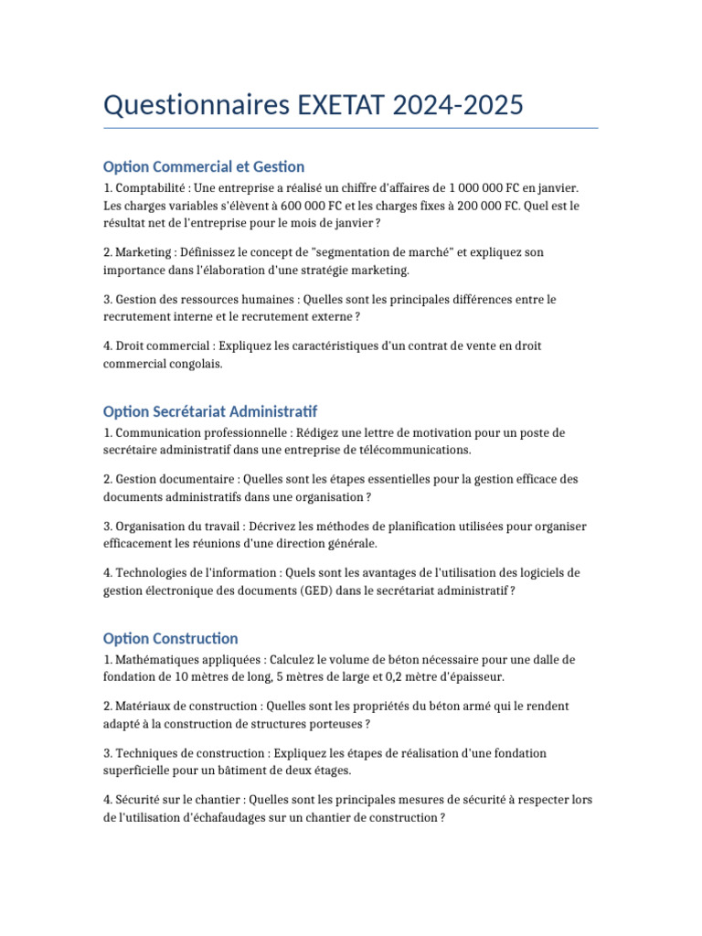 Questionnaires EXETAT 2024-2025 | PDF
