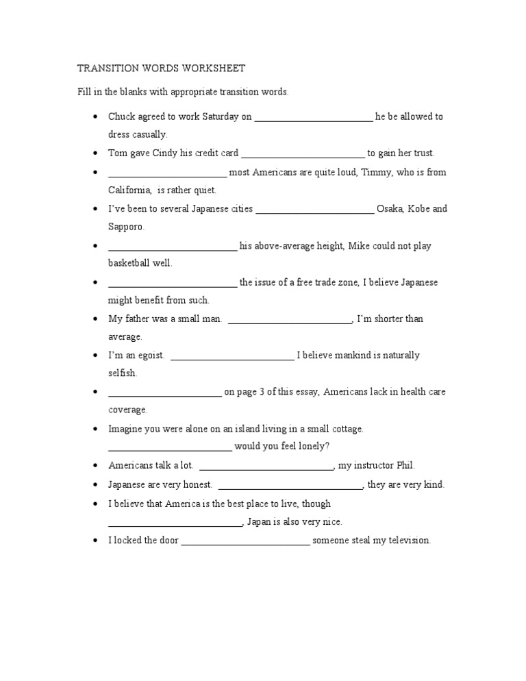Transition Words Practice Worksheet | PDF