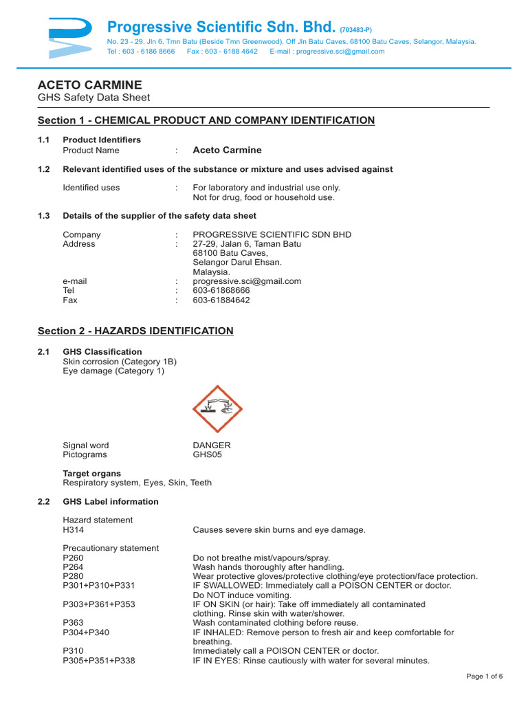 Aceto Carmine | PDF | Magnesium | Water