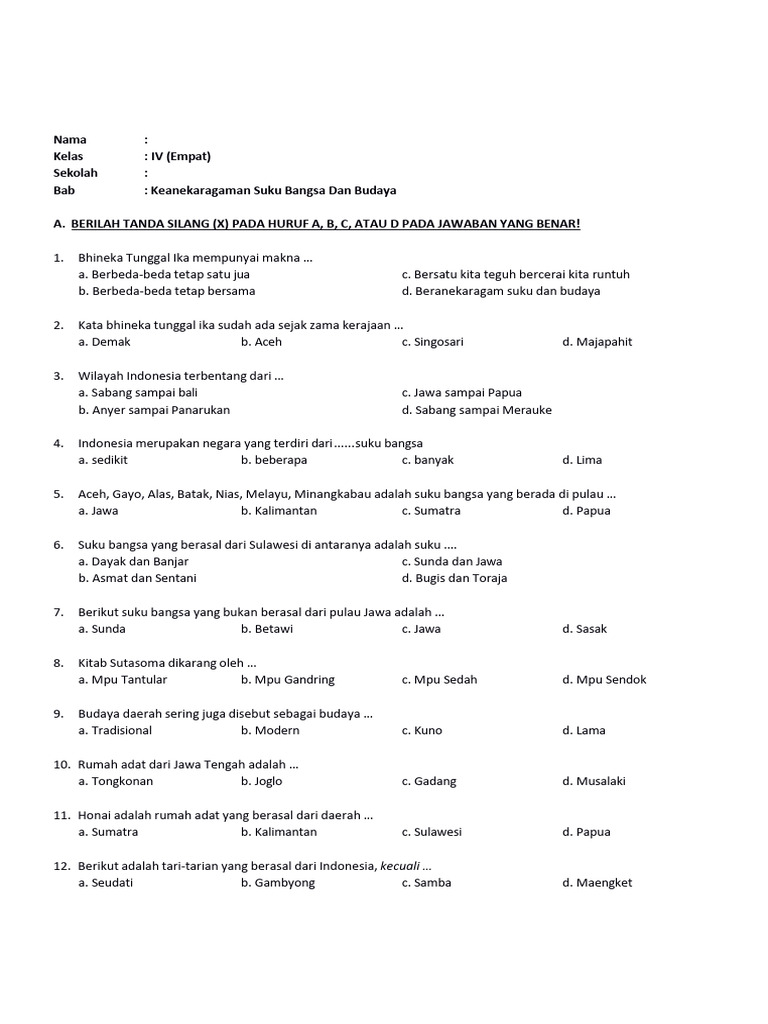 Menggali Keunikan Indonesia: Latihan Soal IPS Kelas 4 tentang Keanekaragaman Budaya