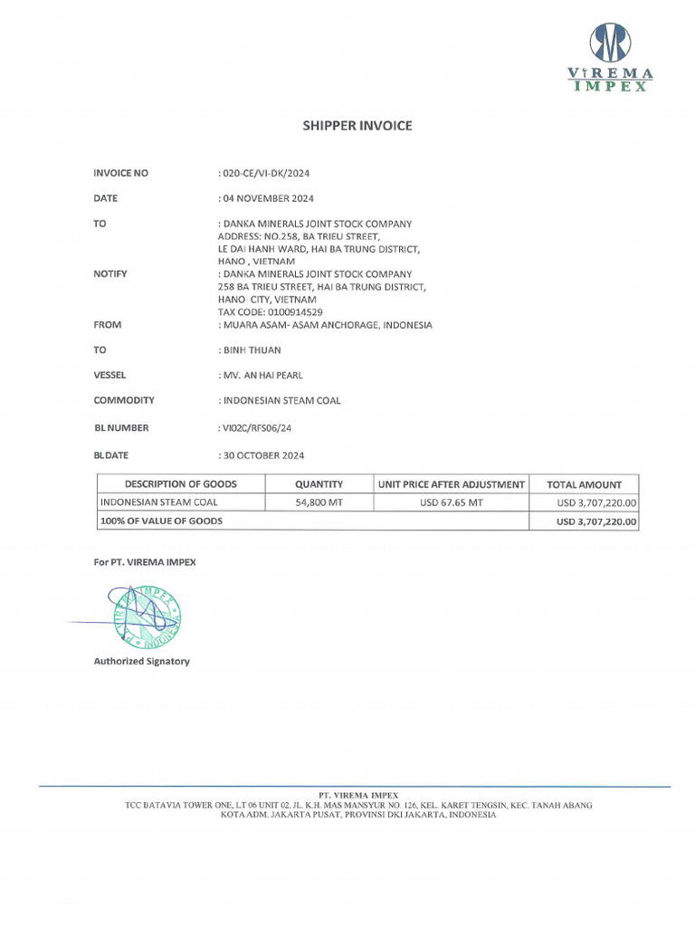 Shipper Invoice - An Hai | PDF