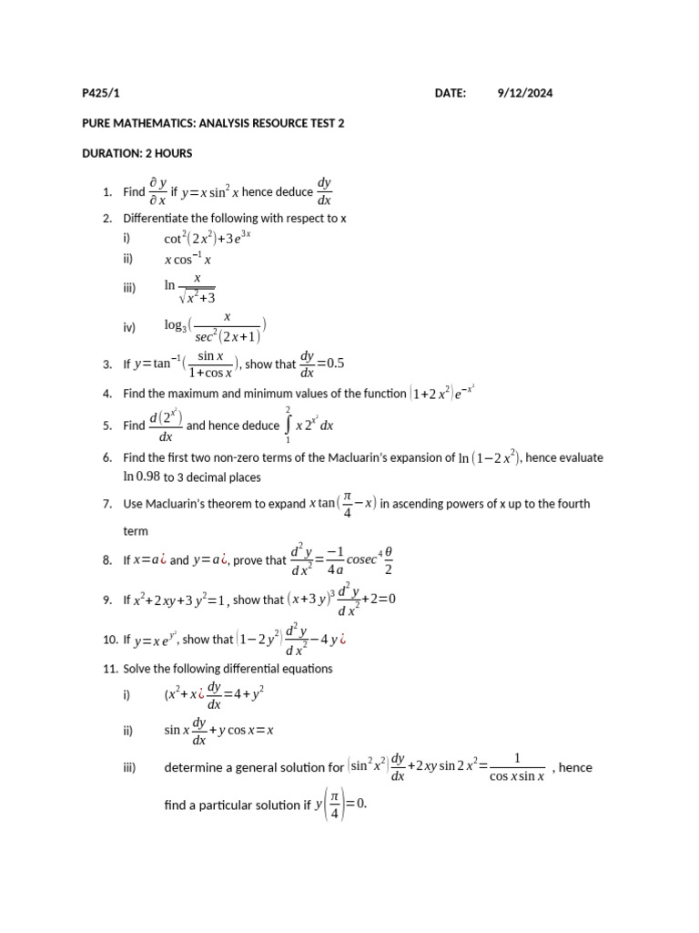 Pure Mathematics Analysis Test 2 | PDF | Trigonometric Functions | Circle