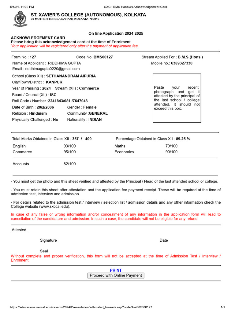 SXC - BMS Honours Acknowledgement Card | PDF