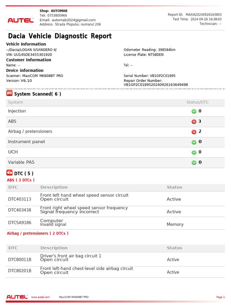 Dacia Diagnostic Report: DTCs Overview | PDF | Airbag | Transport
