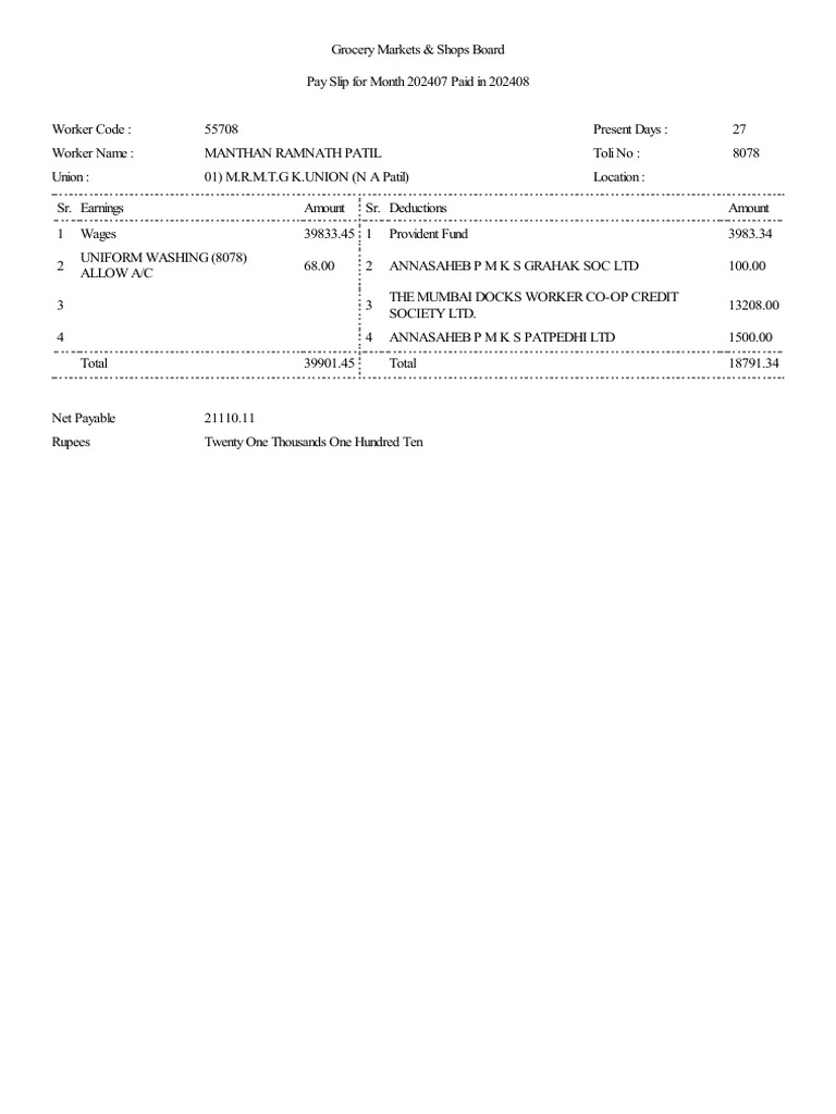 Grocery Worker Pay Slip Summary 202407 | PDF