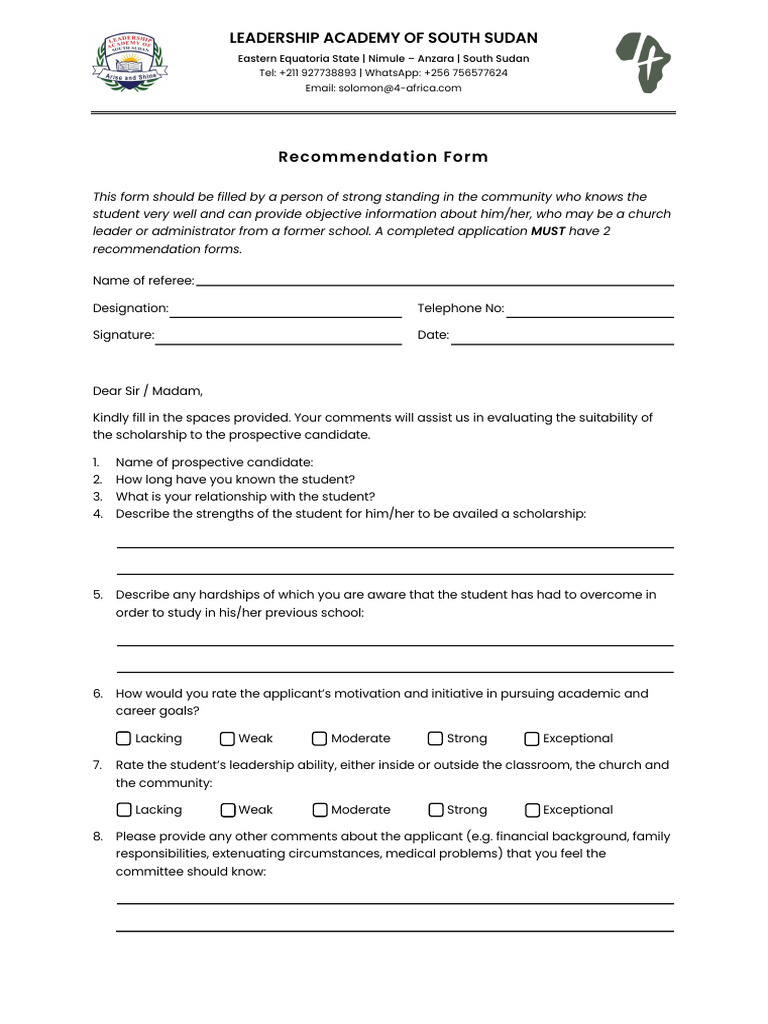 Recommendation Form for Leadership Academy | PDF
