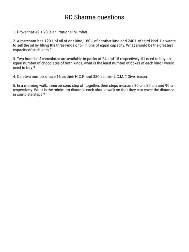 RD Sharma Questions | PDF