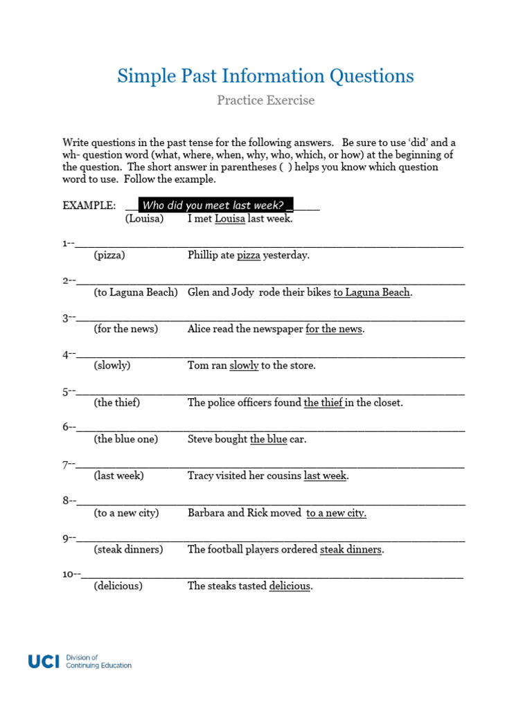 تمارين Simple Past Information Questions Practice Exercise | PDF