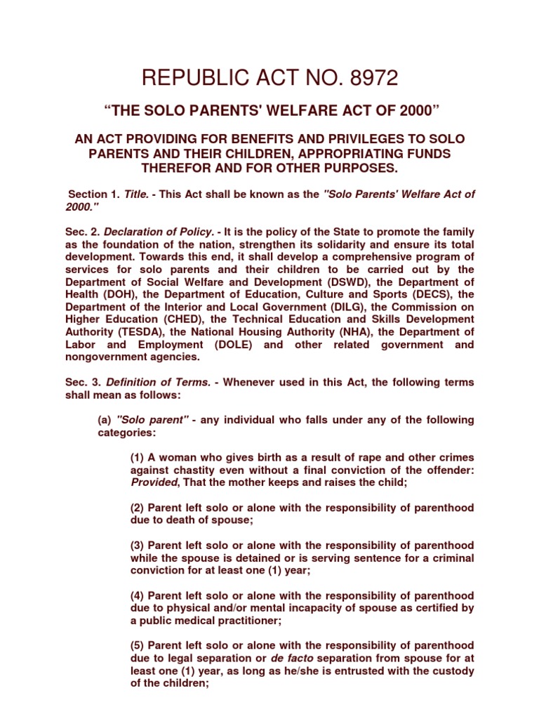 RA 8972 - Solo Parents Welfare Act of 2000 | PDF
