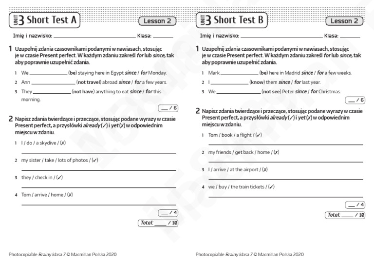 Brainy kl7 Short Tests Unit 3 Lesson 2 | PDF