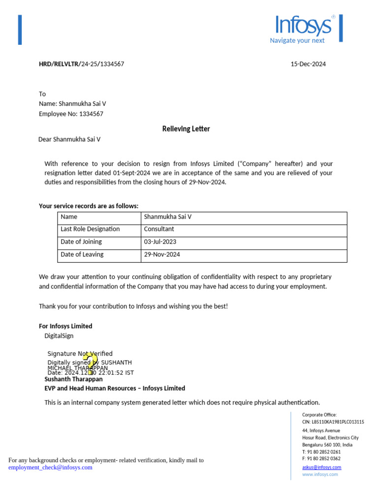 Relieving Letter for Shanmukha Sai V | PDF | Security Engineering ...