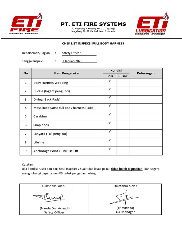 Checklist Inspeksi Full Body Harness 2025 | PDF