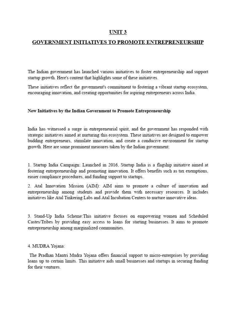 Unit 3 Govt Initiative (I - e | PDF | Tax Deduction | Entrepreneurship
