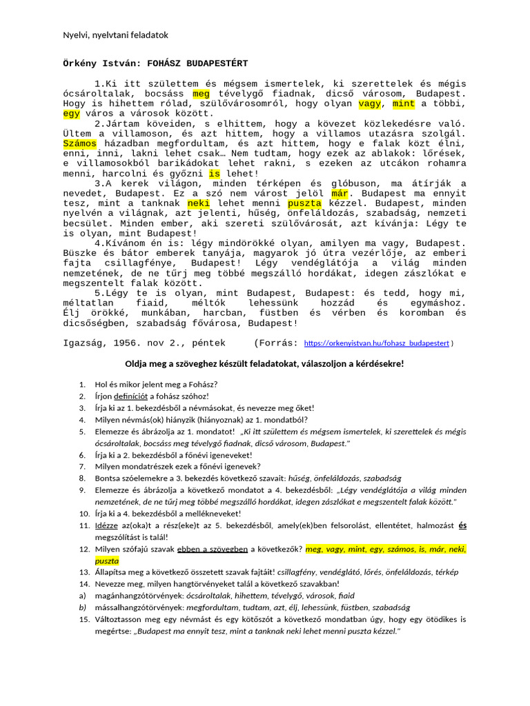 Örkény István Fohász Budapestért - nyelvtani feladatok- | PDF