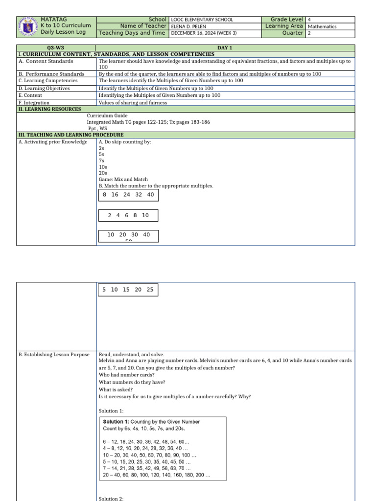 DLL-MATH-4-Q3-W3 | PDF | Curriculum | Arithmetic