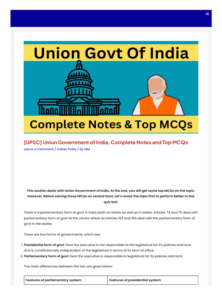 Union Government of India+Mcqs | PDF | Cabinet (Government ...