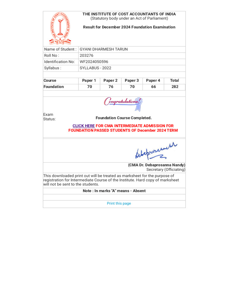CMA Foundation Exam Results December 2024 | PDF