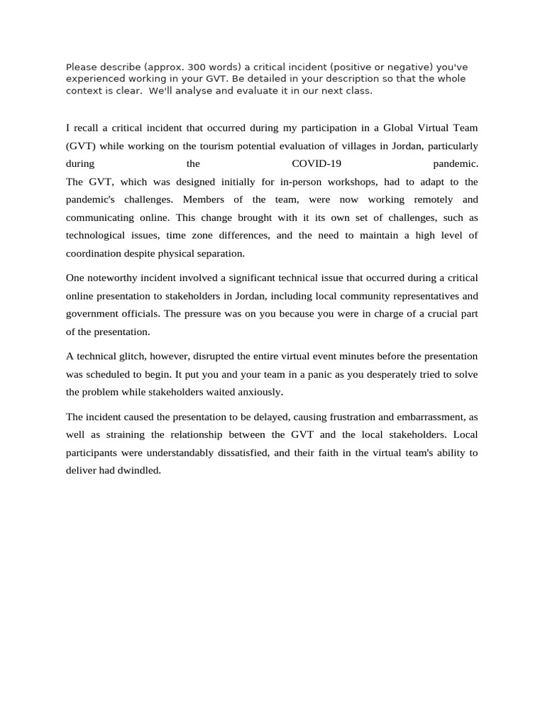 I Recall A Critical Incident That Occurred During My Partici | PDF