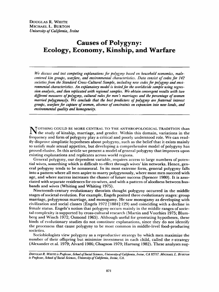 Causes of Polygyny Ecology, Economy, Kinship, and Warfare by Douglas R ...