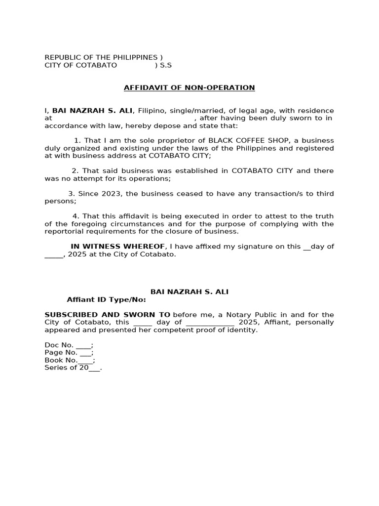 Affidavit of Non-Operation and Loss | PDF | Affidavit | Civil Law ...