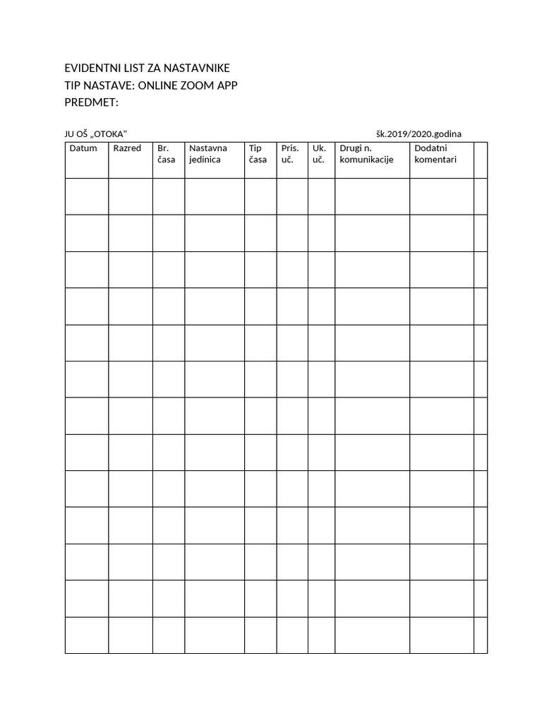 Prazan2 - Evidentni List Za Evidentiranje Nastave Na Daljinu | PDF