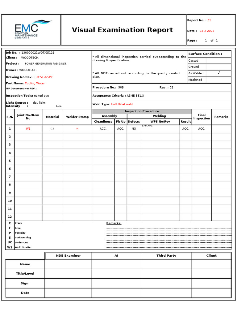 Visual Examination Report for Welds | PDF | Welding | Construction