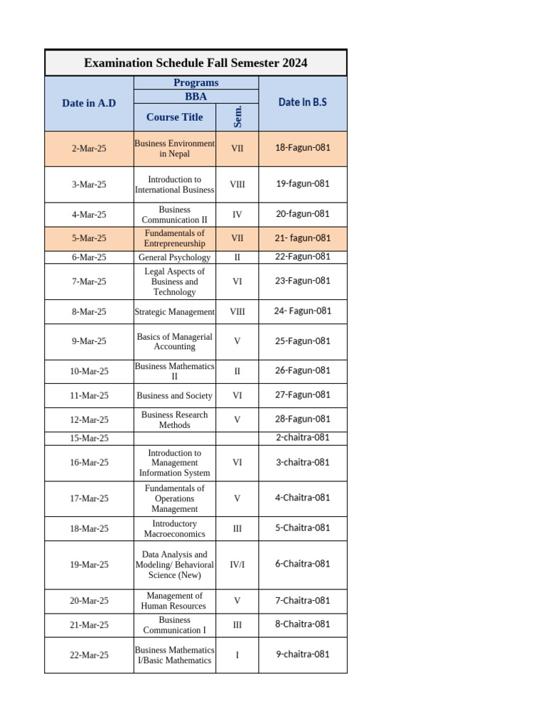 BBA Examinaion Schedule-2024 Fall | PDF | Economies | Science