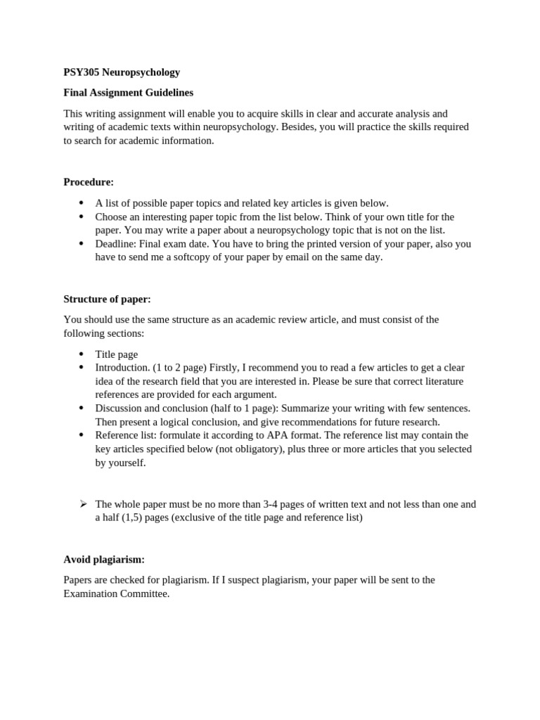 Neuropsychology Final Assignment Guide | PDF | Schizophrenia | Plagiarism