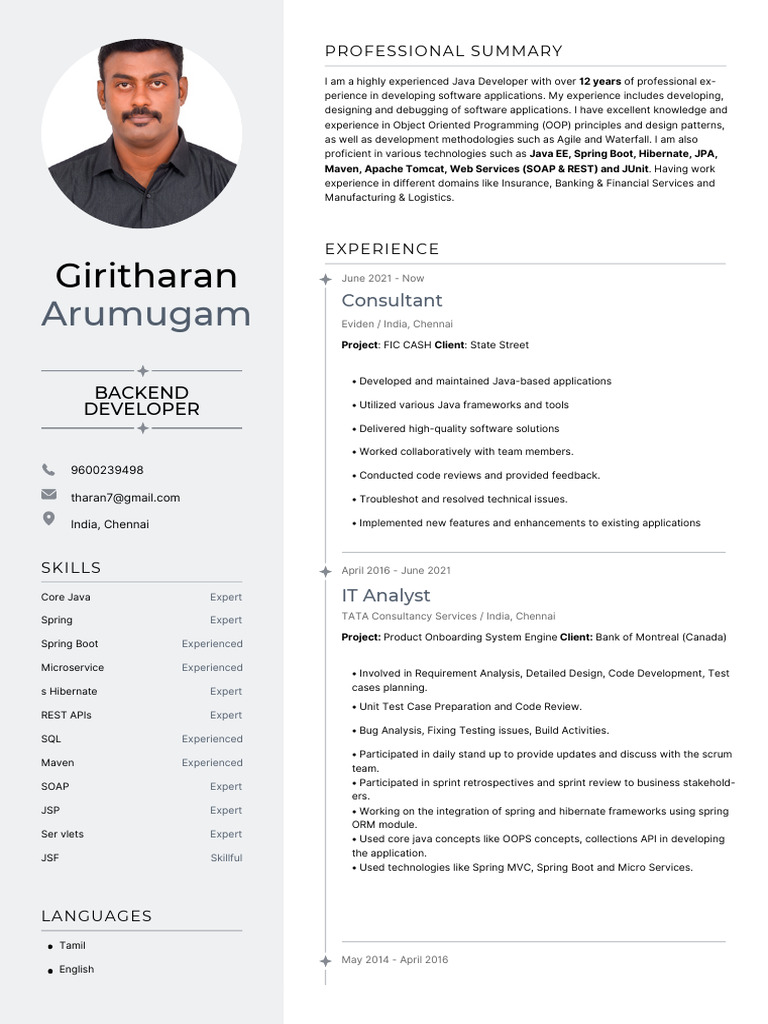 Experienced Java Developer Profile | PDF | Software | Java (Programming ...