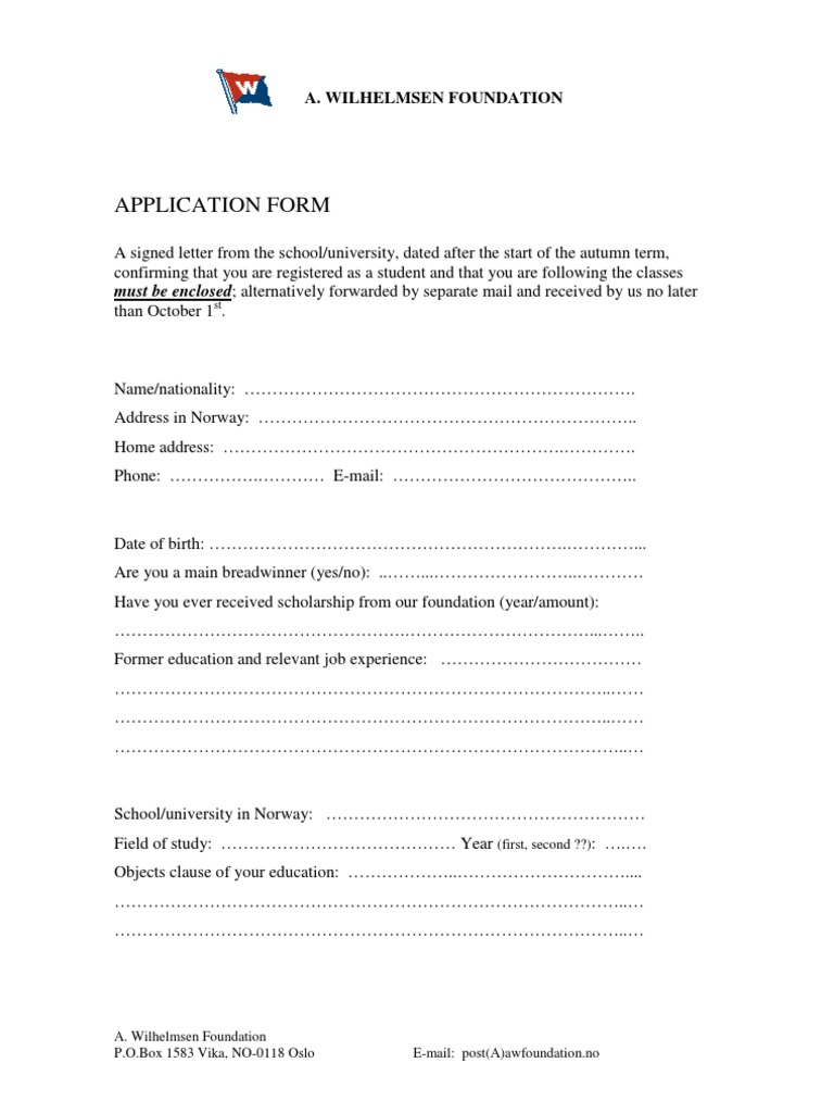 A. Wilhelmsen Foundation Scholarship Application | PDF