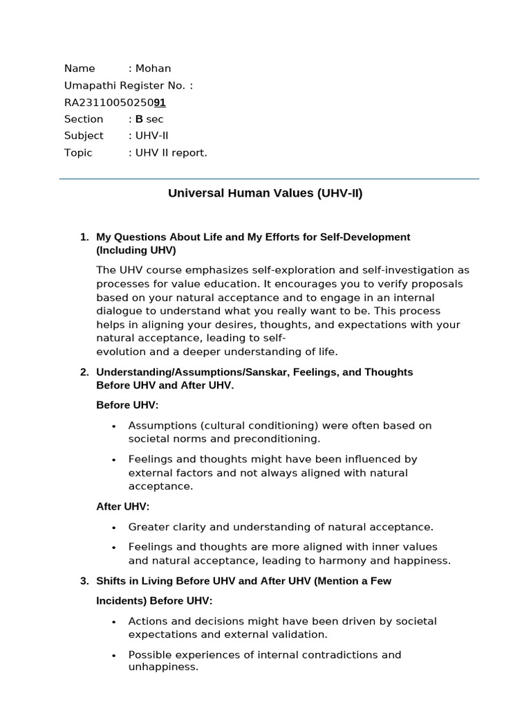 UHV-II Self-Development Insights | PDF | Happiness | Thought
