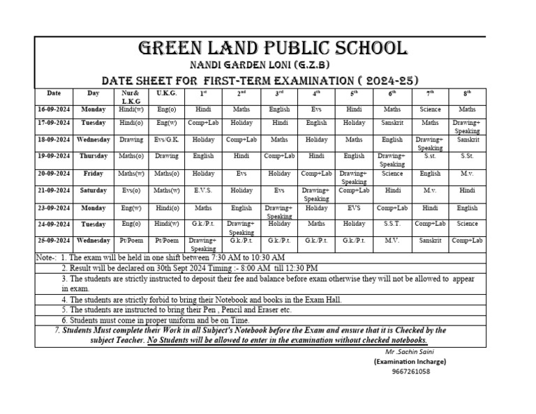 First Term Exam Date Sheet 2024-25 | PDF