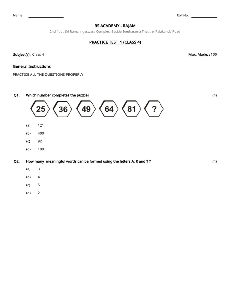 Class 4 Practice Test Questions Pdf