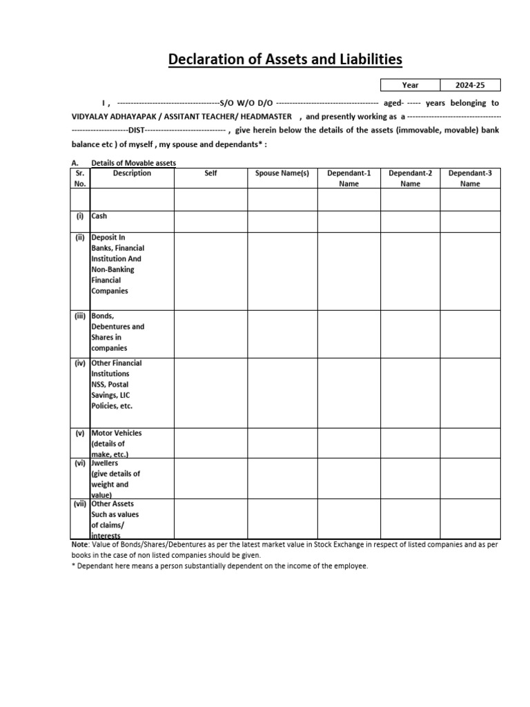 Asset and Liability Declaration Form 2024-25 | PDF | Taxes | Private Sector