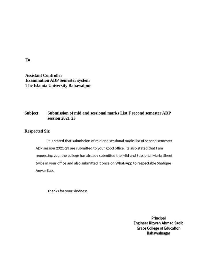 Submission of ADP Marks List 2021-23 | PDF