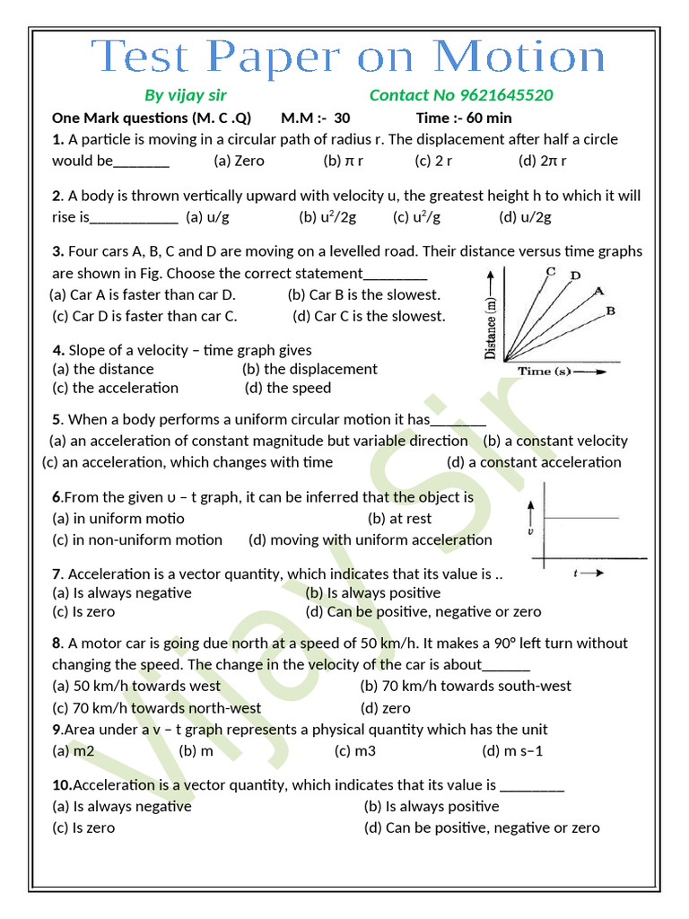 MCQs on Motion for Class 9 Science | PDF | Acceleration | Velocity