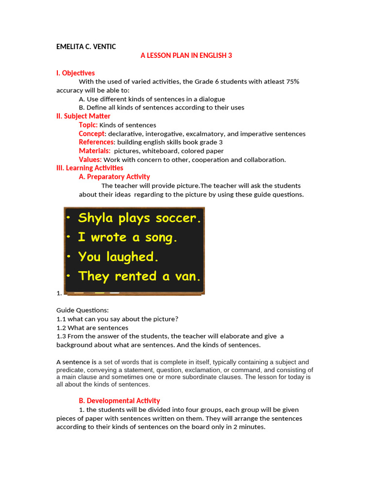 A Lesson Plan in English 3 | PDF | Sentence (Linguistics) | Question