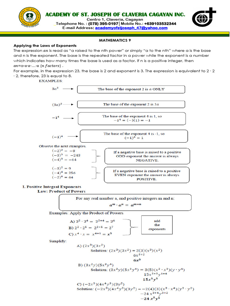 Math Exponents for Grade 9 Students | PDF
