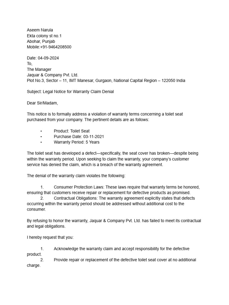 Warranty Claim Denial Notice | PDF