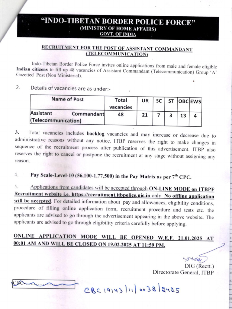 ITBP Asst Commandant Short Notice Jan2025 SarkariResult Com | PDF