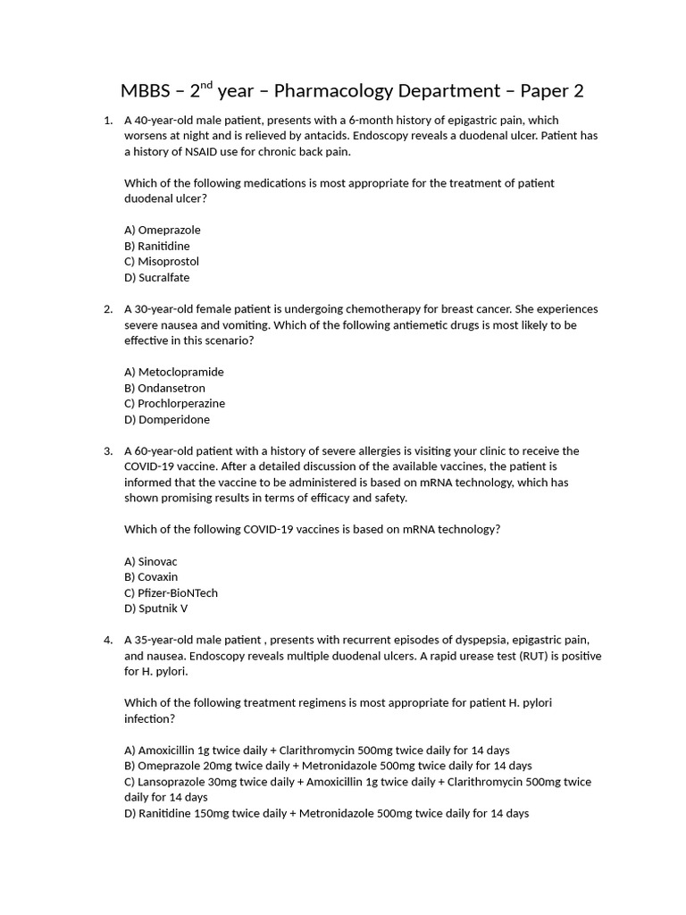 Pharmacology Exam Questions for MBBS 2nd Year | PDF | Nausea | Indigestion