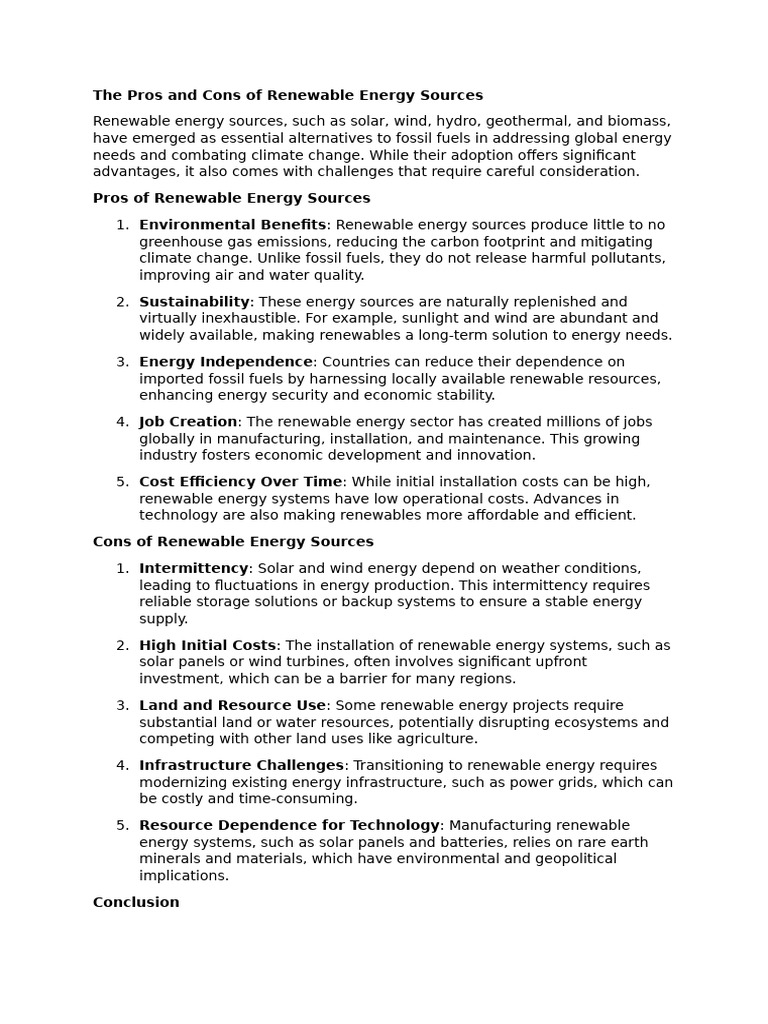 The Pros and Cons of Renewable Energy Sources | PDF | Renewable Energy ...